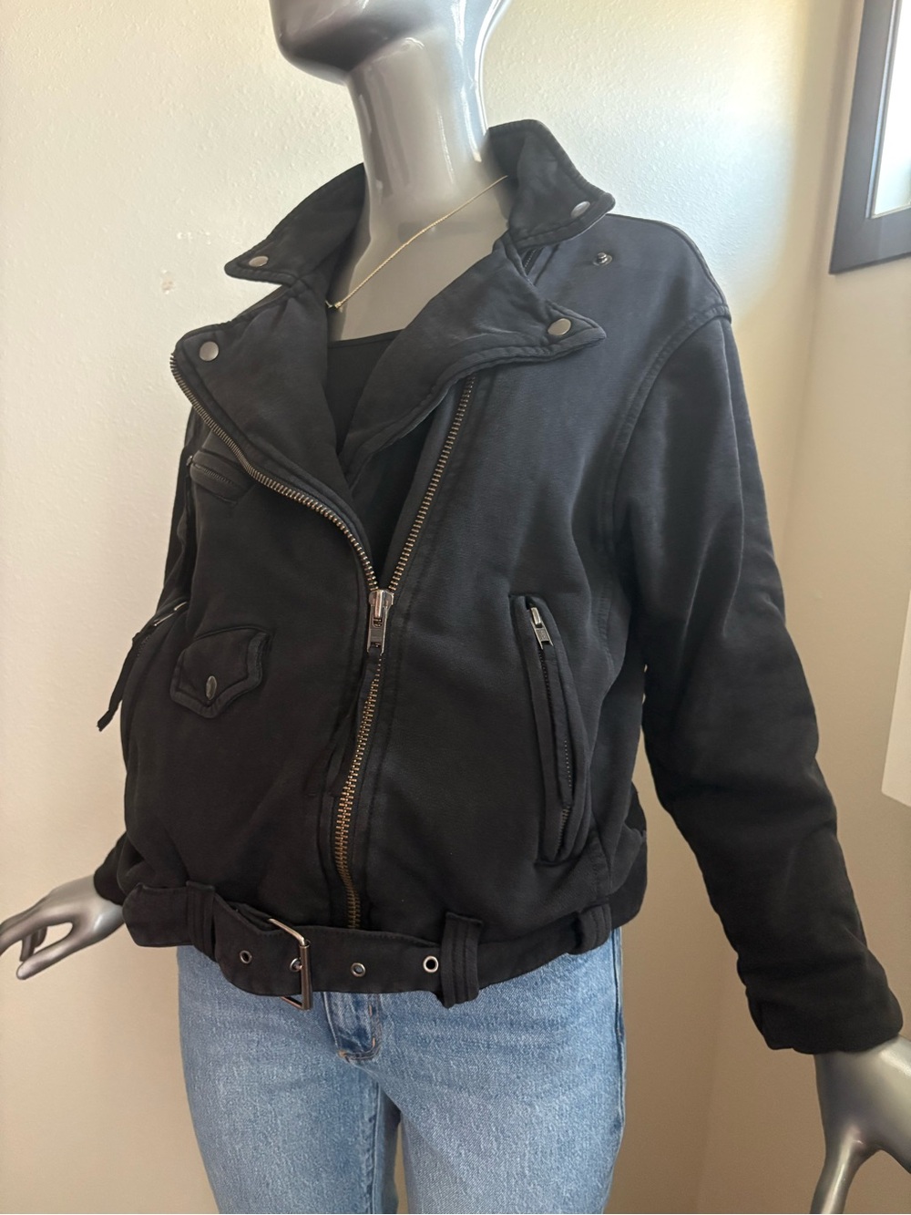 We The Free Rebel Black Knit Oversized Zip Moto Jacket